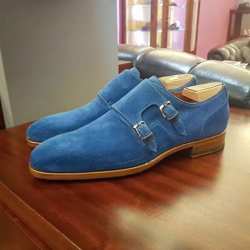 

Men Classic Sky Blue Double Buckle Loafers Shoes Faux Suede Round Head Low Heel Fashion Мужская повседневная обувь KN385