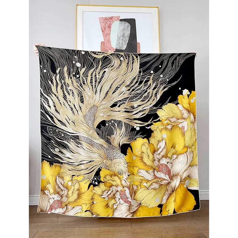 

Шелковый кашемировый шарф женственность Элегантные Бархатные квадратные шарфы Золотой рыбка фейерверк великолепный узор шелковая шерстяная теплая шаль с принтом