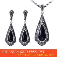 ajojewel brand vintage black jewelry sets for women water drop pendant necklaces earrings set with rhinestones
