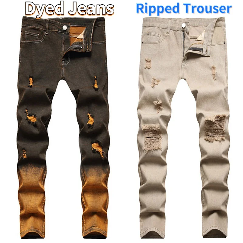 

Мужские белые рваные джинсы, мужские рваные колготки от известного дизайнерского бренда, узкие джинсы, брюки-карандаш, уличные мужские брюк...