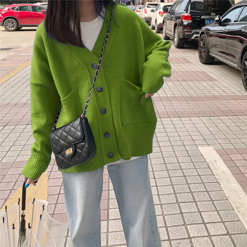 Women Cardigans Blue Sweater V neck Jacket Pocket Soft Coat Red Pink Green Solid Color Knitted Loose Designer Single Breasted |