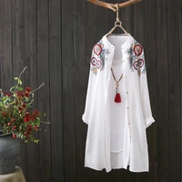 2021 autumn fashion women long sleeve stand collar cotton dress shirt floral embroidery mid length single breasted casual blouse