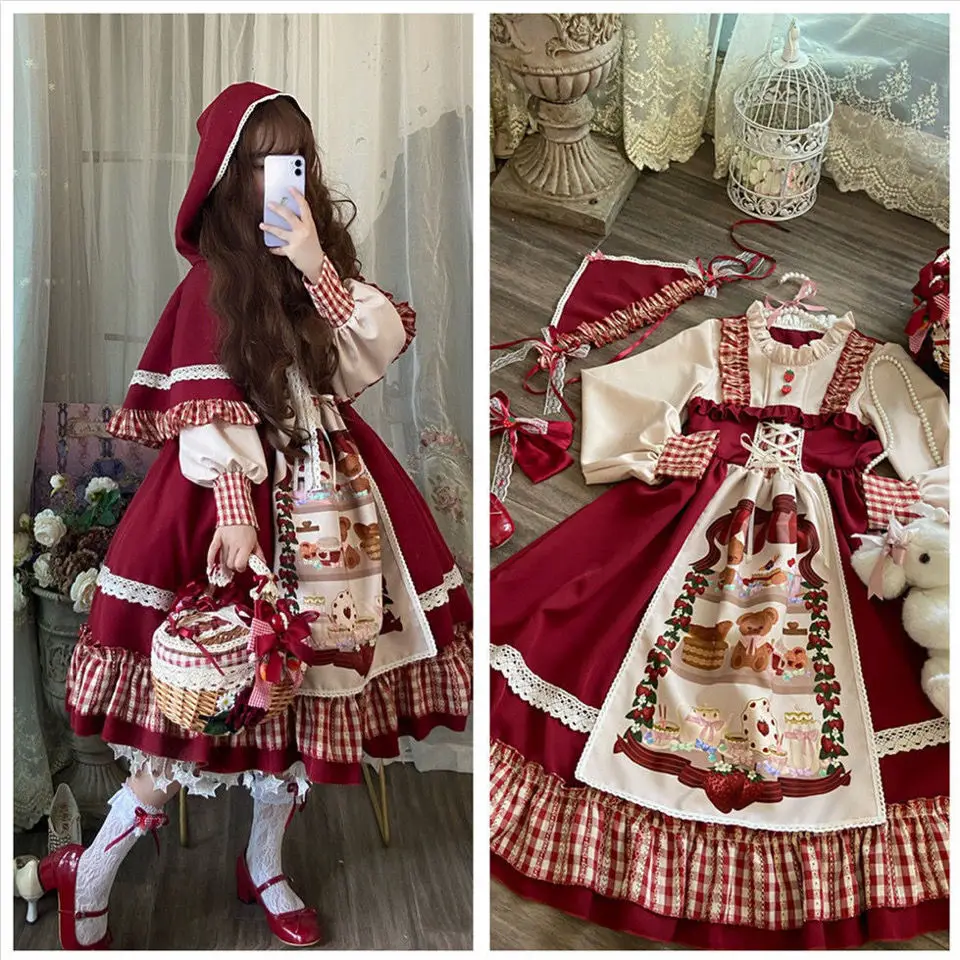 

HOT Sweet Girl Lolita Set Women Dress Patchwork Red Dress with Cloak Cute Female Kawaii Cosplay Japanese Dress