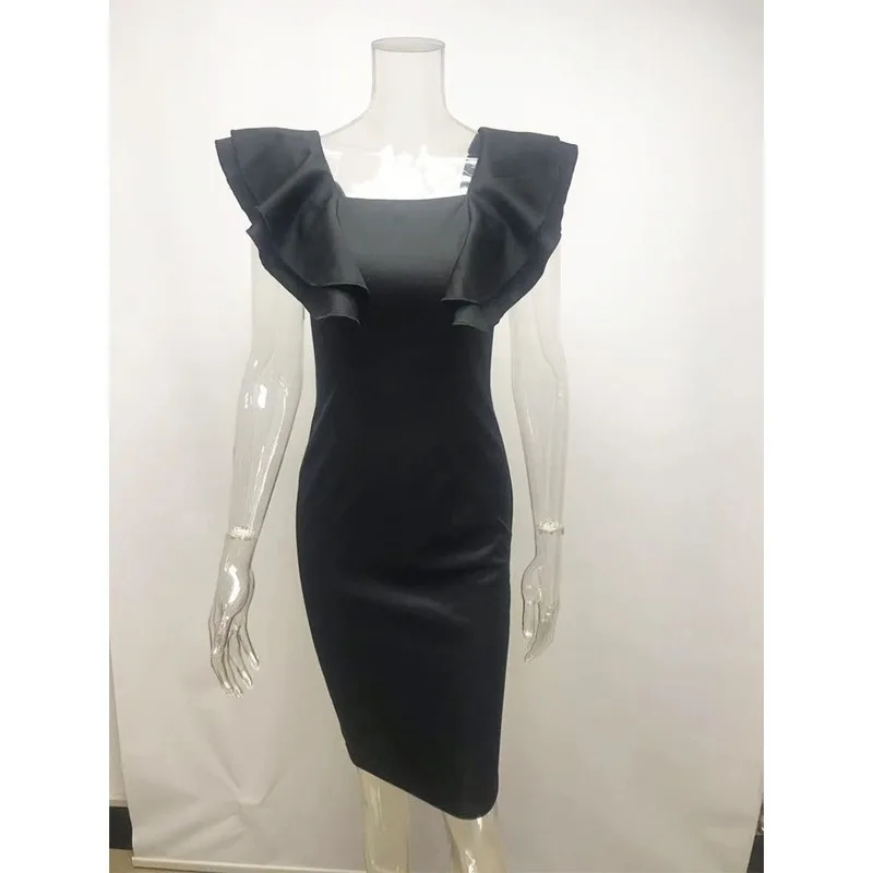 

Spot Women's Square Neck Lotus Leaf Sleeve Hip Casual Fashion Retro Work Office Ladies Dress Europe and The United States