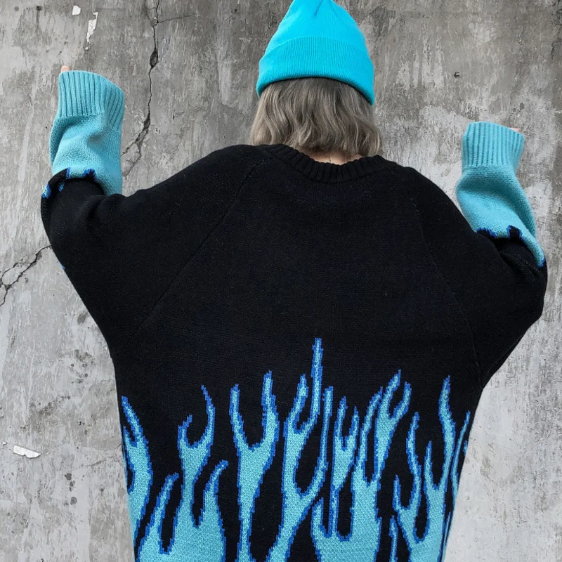 Y Demo Streetwear Gothic Flame Sweater Women Casual Oversized O Neck Long Sleeve Knitted Pullover Couple Outerwear Fashion | Женская