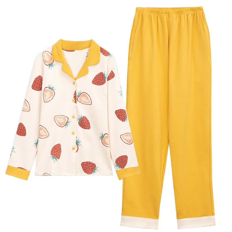 Весенняя осенняя зимняя Пижама женская Клубничная Вязанная хлопковая с принтом