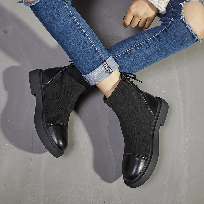 

LZJ Casual Elastic Sock Boots Women Ankle Boots Flat Platform Autumn Winter Boots Cross-tied Zapatos De Mujer 2019