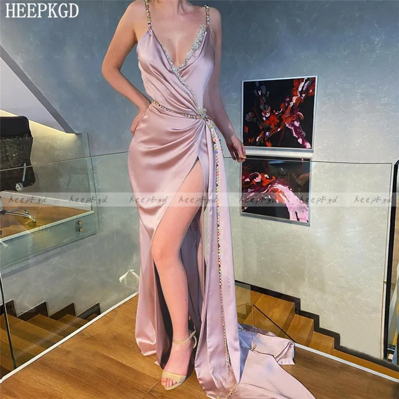 

Сексуальное пыльно-розовое платье для выпускного вечера с разрезом, длинное платье на тонких бретелях для особых случаев, официальное вече...