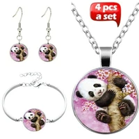 cute panda art photo jewelry set cabochon glass pendant necklace earring bracelet totally 4 pcs for womens fashion party gifts