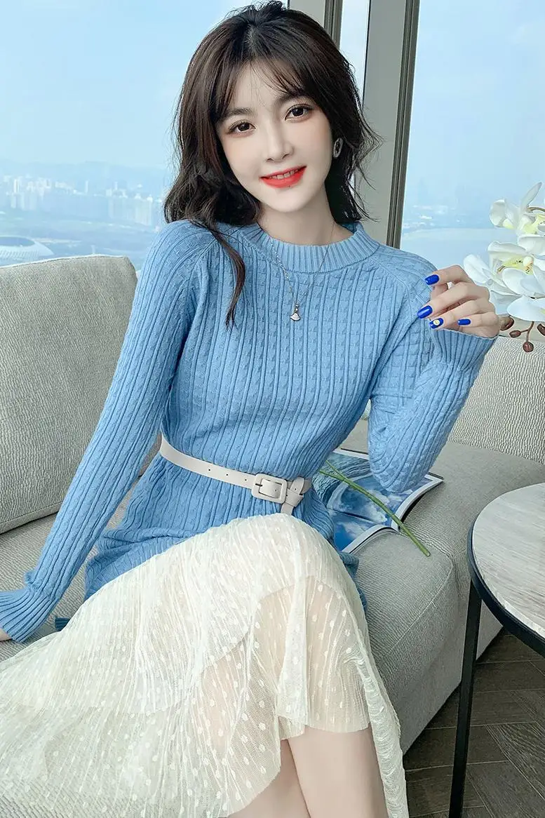 

ICHOIX 2020 Autumn Winter New Long Skirt Temperament Lady Solid Color Long-sleeve Knitted Sweater Mesh Skirt 2 Piece Set