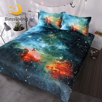 BlessLiving Galaxy Bed Cover Outer Space Bedding Sets King Red Green Nebula Duvet Cover Universe Luxury Psychedelic Bed Set 3pcs 1