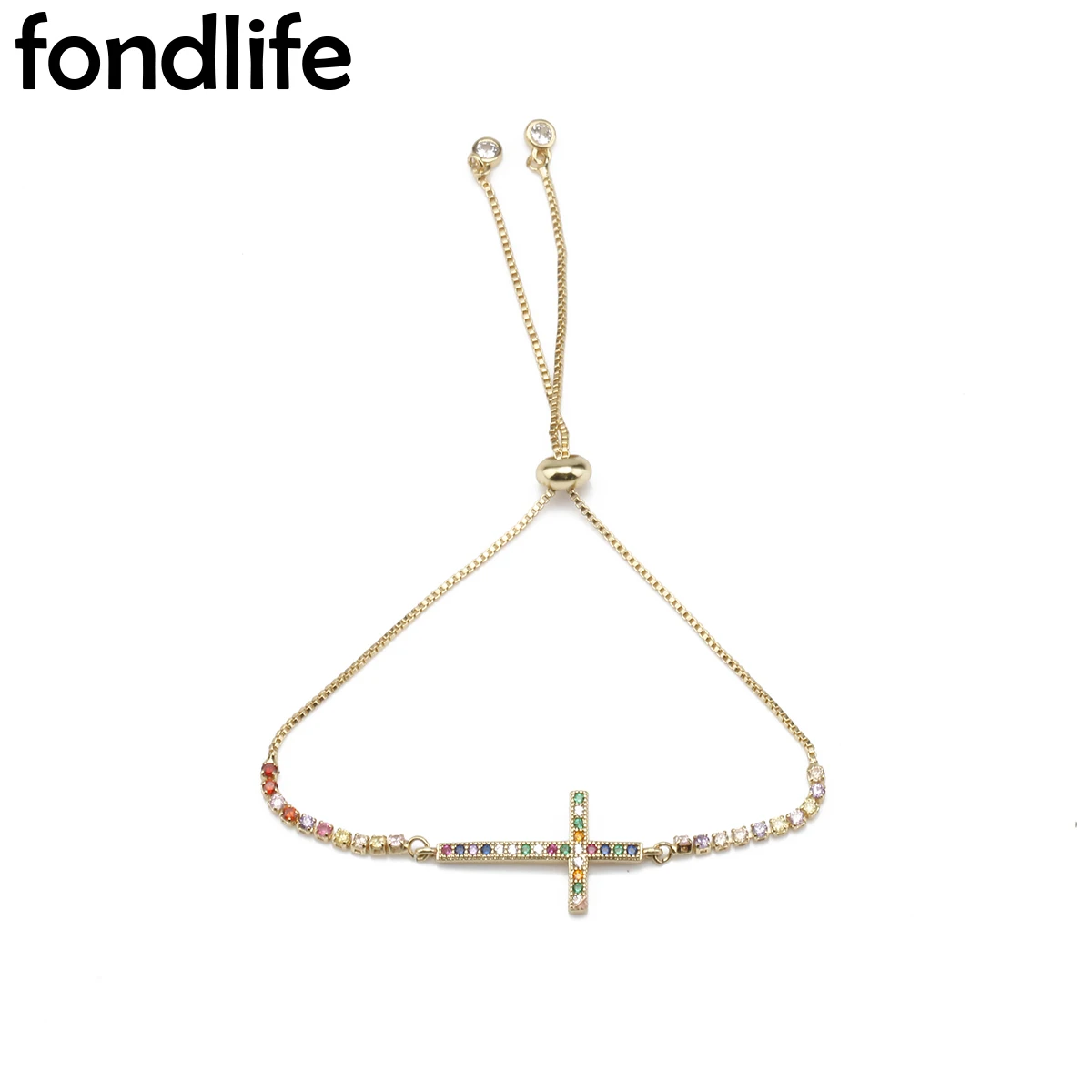 

Multicolor Cubic Zirconia Stones Gold-Plated Cross Charm Bracelet Women Slide Chain Red Cord Adjustable Daily Jewelry Present