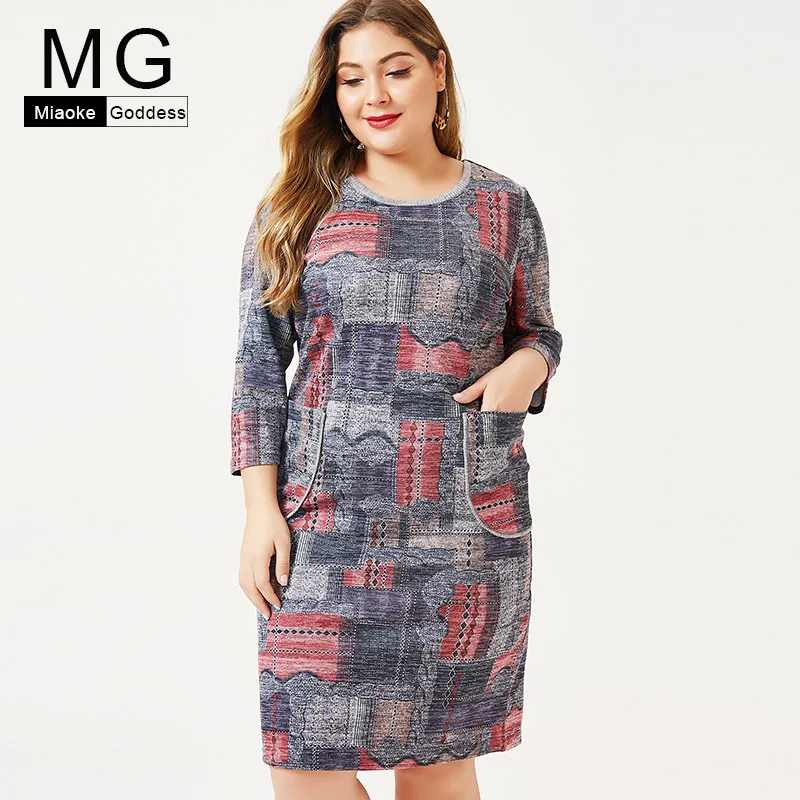 Женская одежда больших размеров 2019 Осеннее новое платье с геометрическим