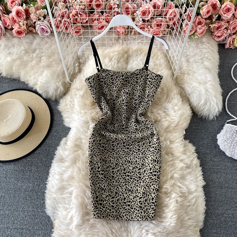 

Sexy Leopard Bodycon Mini Dress Women Elegant Party Club High Waist Strapless Spaghetti Strap Vestidos Female 2021 Summer New