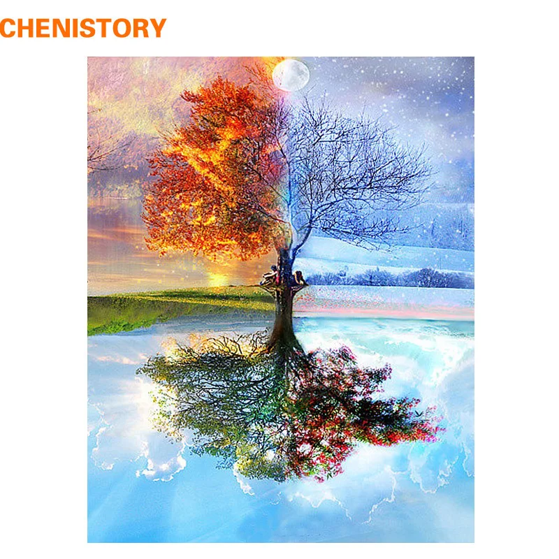 

CHENISTORY Frameless Four Seasons Tree Landscape DIY Painting By Numbers Kit Paint On Canvas Painting Calligraphy For Home Decor
