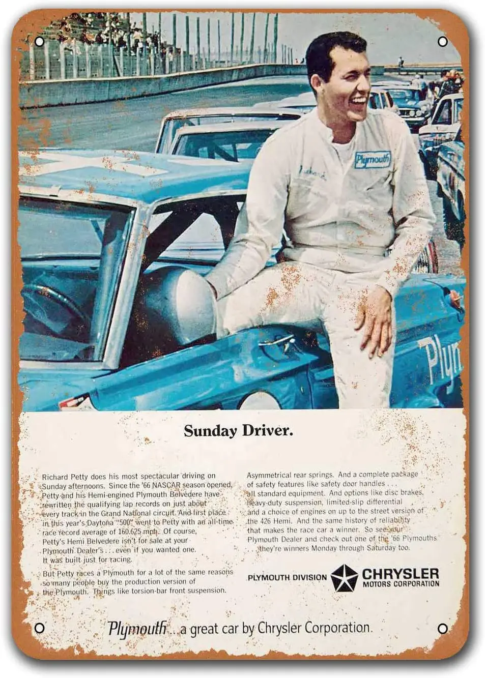 

1966 Richard Petty for Plymouth Vintage Tin Signs Cars, Sisoso Metal Plaques Poster Pub Bar Retro Wall Decor
