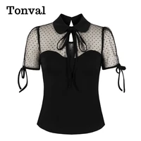 tonval peter pan collar vintage t shirt black contrast mesh short sleeve tees women keyhole back blouses summer clothes