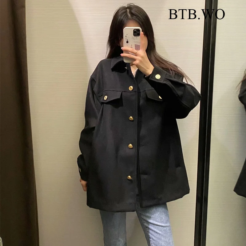 

BTB.WO Za Jacket Women Fashion With Pockets Jacket Coat Vintage Long Sleeve Female Outerwear Chic Tops