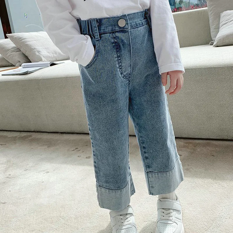 

2-7Yrs New Autumn Kids Girls Jeans Pants Korean Style Cotton Casual Long Denim Trousers Loose Wide Leg Pants Children Clothes