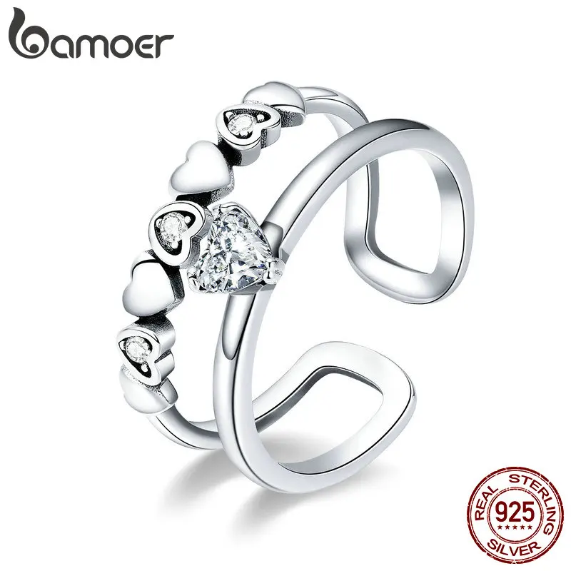 BAMOER, 925 пробы, серебряное, элегантное, сердце к сердцу, прозрачный кубический циркон, открытый размер, кольца для женщин, Стерлинговое Серебро, ювелирное изделие SCR429