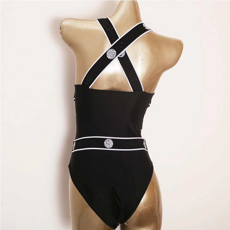 

Women White Crossing Lines Portrait Swimsuit Fashion Black Bikini Popular INS Beach Swimwear Lady One Piece Beachwear