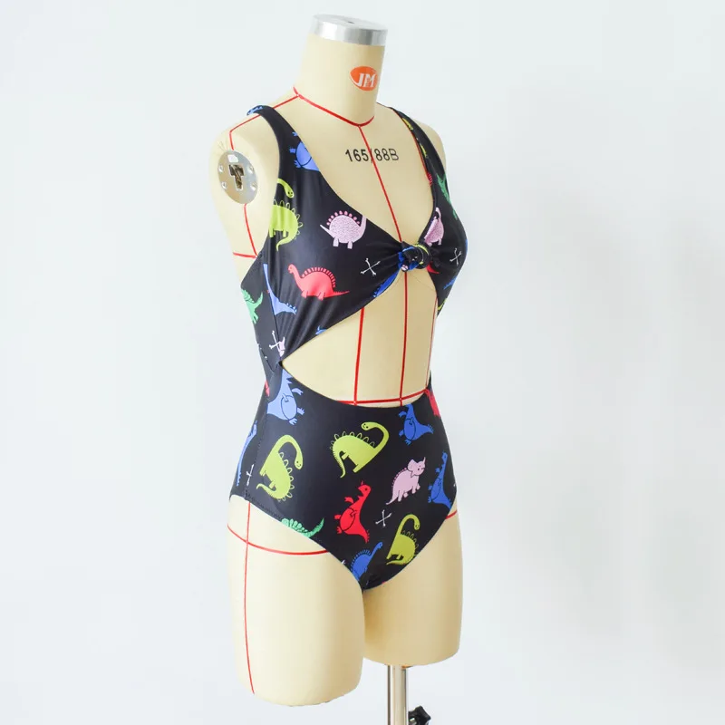 Черный Цельный купальник с динозаврами женский 2019 пляжный вырезами купальный