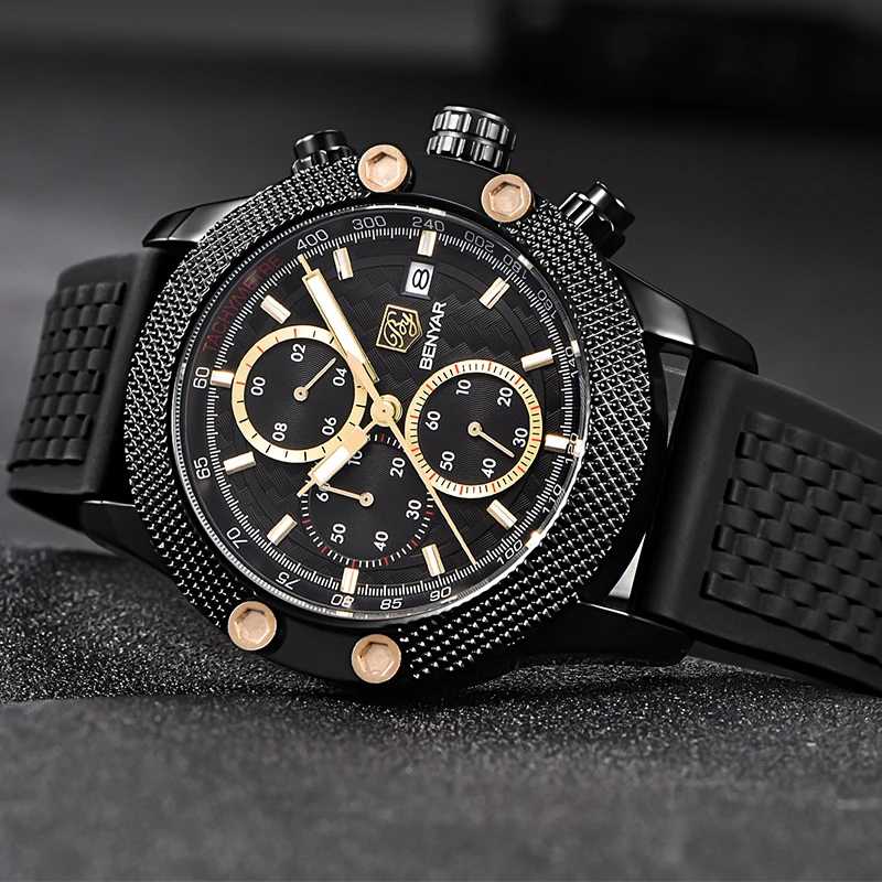 

BENYAR Men Mesh & Rubber Band Waterproof Luxury Brand Quartz Watch Gold Sport Chronograph Fashion Watches Saat dropshipping