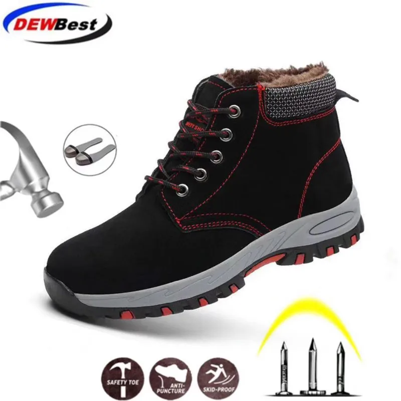 

Men Safety Work Boots Winter Warm Outdoor Steel Toe Cap Anti-smashing Anti-piercing Outdoor Lace-up Cow Suede Safety Boots