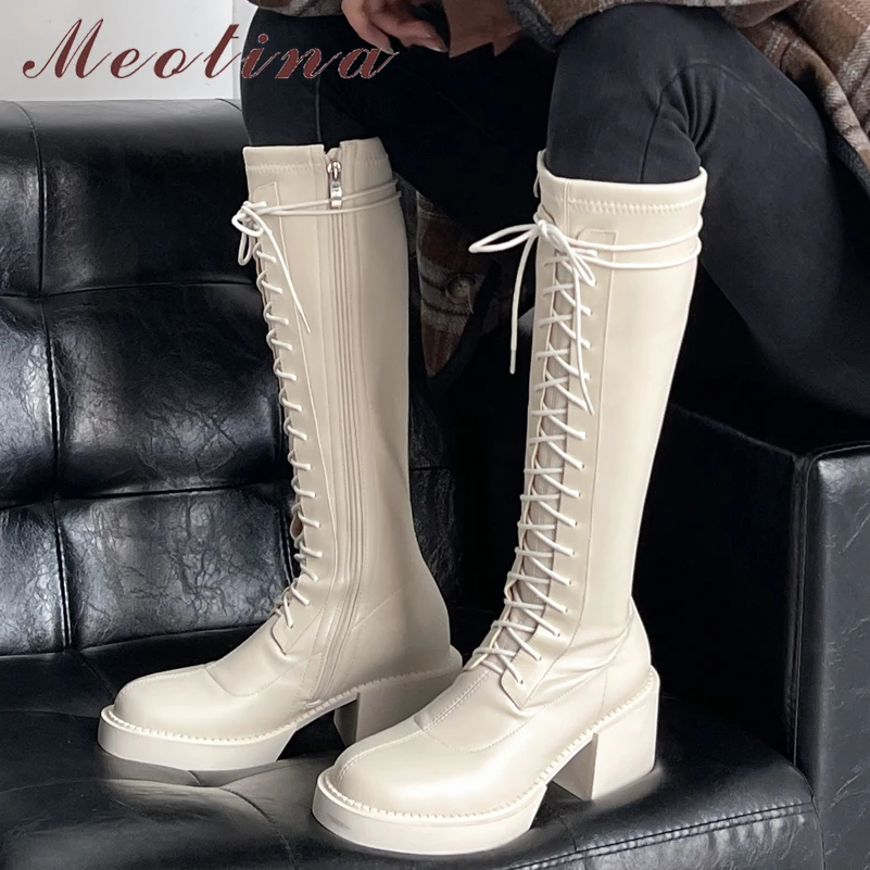 

Женские мотоциклетные сапоги Meotina, сапоги до колена из натуральной кожи, на толстом высоком каблуке, на молнии, на шнуровке, Осень-зима