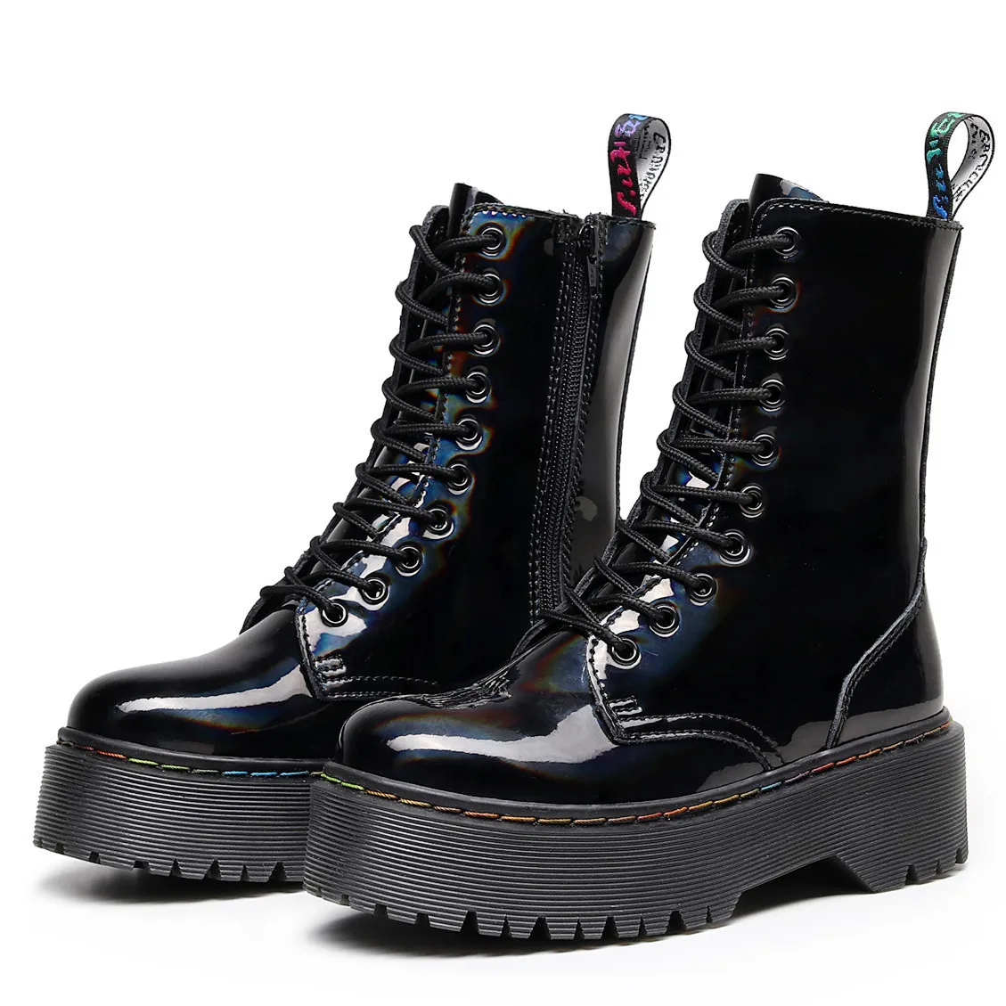 

Fashion Round Head Rainbow 10-hole Side Zipper Laser Ankle Boots Increase Lace-up Women's Boots Rub Red Leather Motorcycle Boots