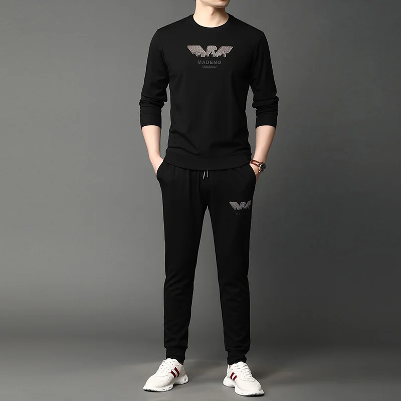 

2021 autumn leisure sports suit men's new quality hot drilling long-sleeved sweater trousers two-piece suit