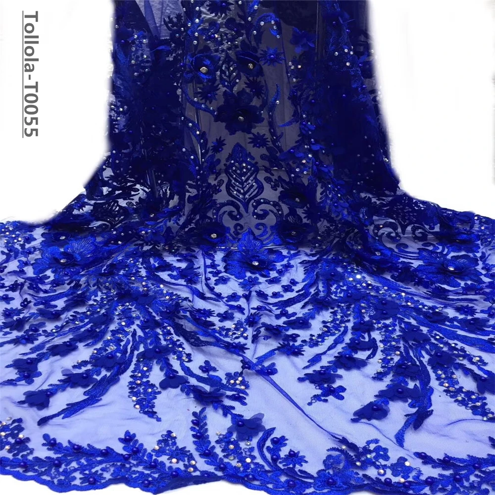 Королевский синий дизайн африканская кружевная ткань с большим камнем вышивка