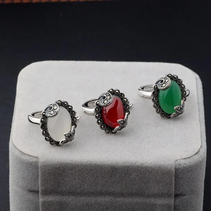 

Black Thai silver s925 pure silver ring opening green agate red pomegranate red white pith retro net ring