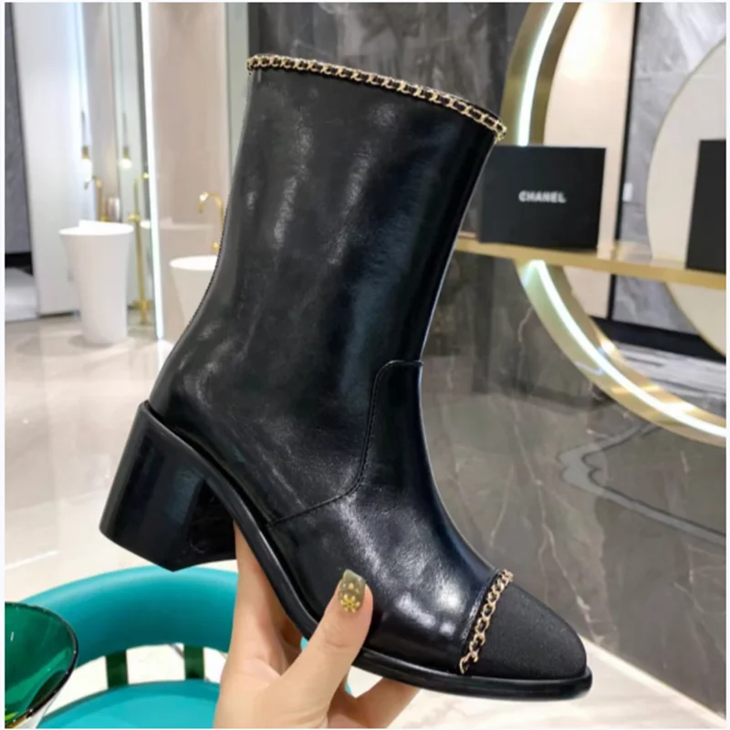 

Botas femininas de marca baixa de couro preto fashion punk botas médias motorizadas femininas de salto alto com zíper lateral fe