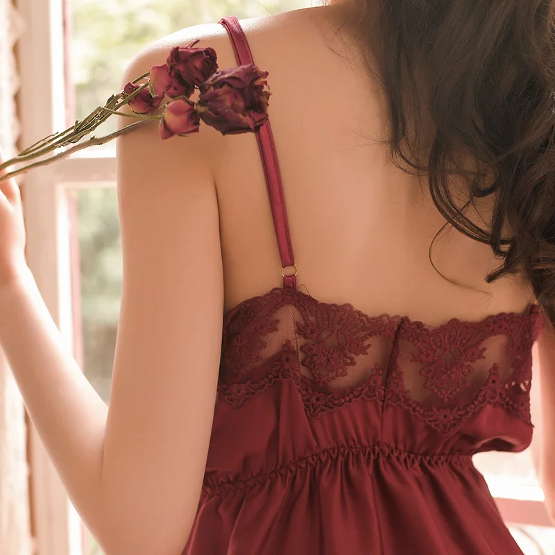

Night Sleep Dress Nighties for Women Underwear Lingerie Sling Lace Embroidery V-Neck Sexy Nightdress Lenceria Femenina