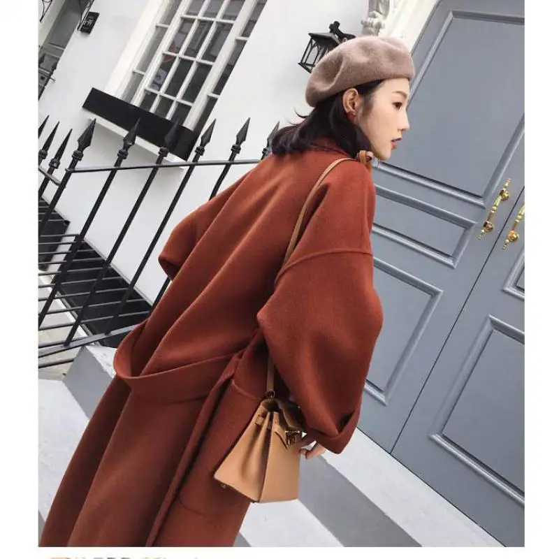 Корейское длинное пальто Новинка 2019 Осень Зима Повседневное с поясом хаки