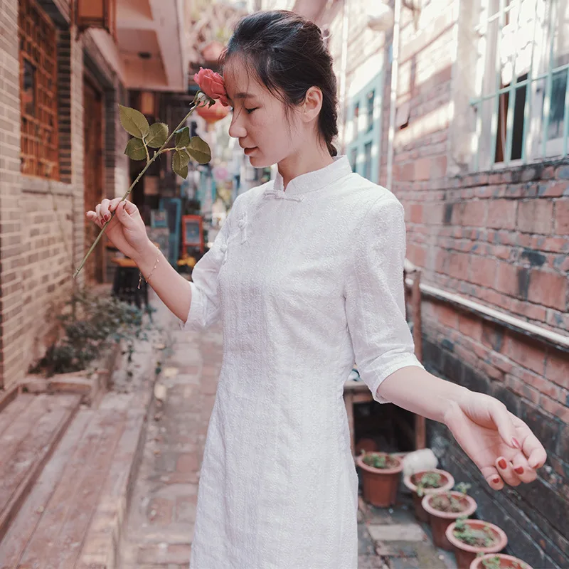 

Chinese style literature and art improved coil button cheongsam dress spring new cotton and hemp women's dress