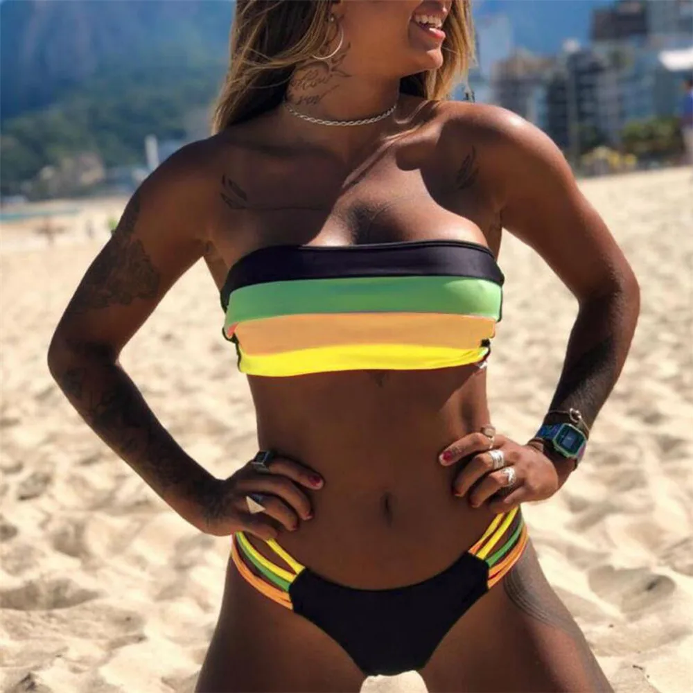 Women Swimwear Colored Stripes Bikini Set Colorful Striped Summer Bandage Push Up Swimsuits Brazilian Biquini Beachwear | Мать и ребенок