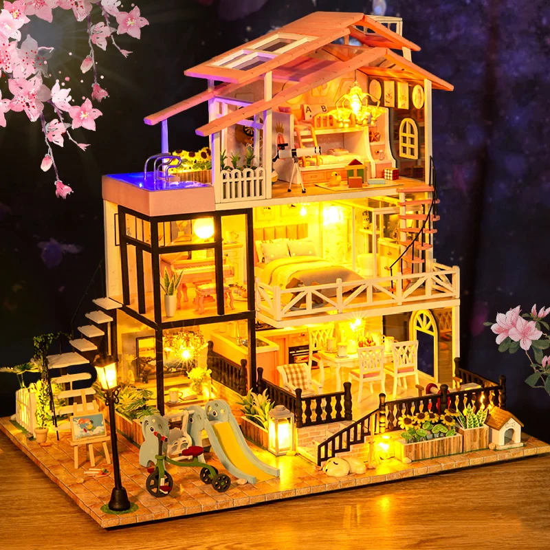 Casa de muñecas con montaje en 3D para niñas, kit de juguetes en caja en miniatura con muebles de madera, regalo de cumpleaños