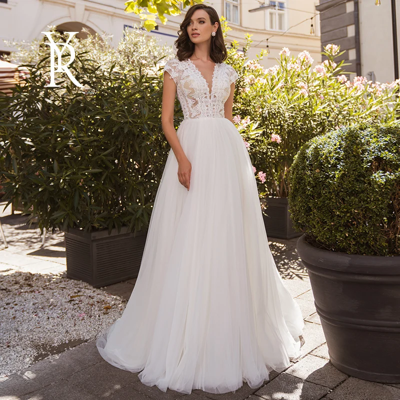 

YILIBERE Lace Wedding Dress Short Sleeve O-Neck Plus Size Luxury Lace Appliques Tulle Cathedral Train Robe Fluffy skirt