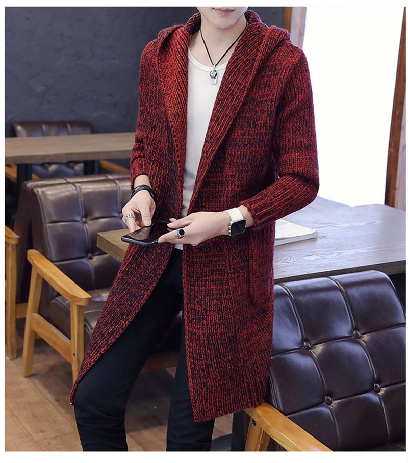 2019 осень зима новый мужской длинный свитер однотонный рукав с капюшоном пальто