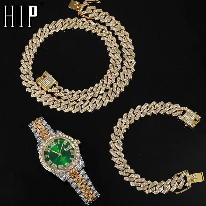 Hip Hop 13.5MM 3PCS KIT Heavy Watch+Prong Cuban Necklace+Bracelet Bling Crystal AAA+ Iced Out Rhinestones Chains For Men Jewelry