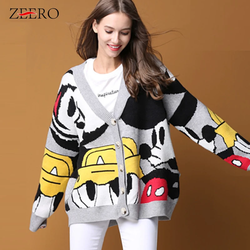 2019 осенний женский кардиган с мультяшным рисунком свитер v-образным вырезом