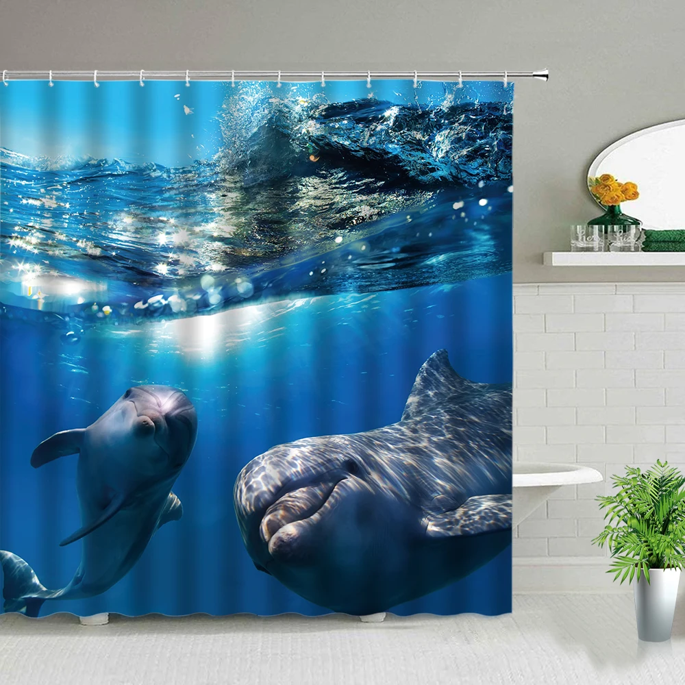 

3D Sunlight Ocean Animal Dolphin Shower Curtain Set Tropical Fish Printing Waterproof Bathroom Decor With Hooks Hanging Curtains