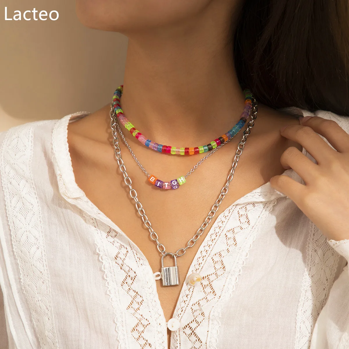 

Lacteo Bohemian Colorful Acrylic Beads Chain Choker Necklace Collar Punk Multi Layered Lock Pendant Necklaces for Women Jewelry