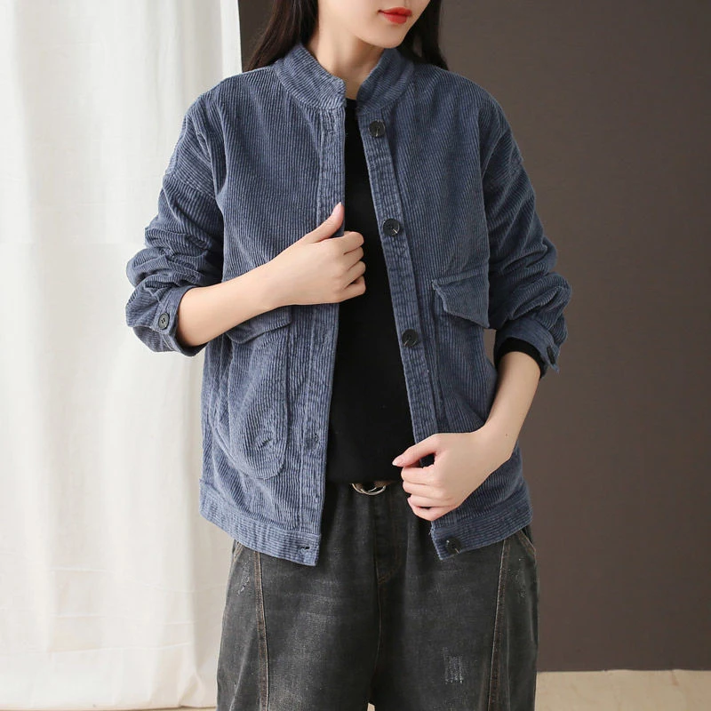

New Arrival 2019 Autumn Women Single Breasted Jackets 100% Cotton Corduroy Double Pocket Vintage Casual Short Coat Female S313