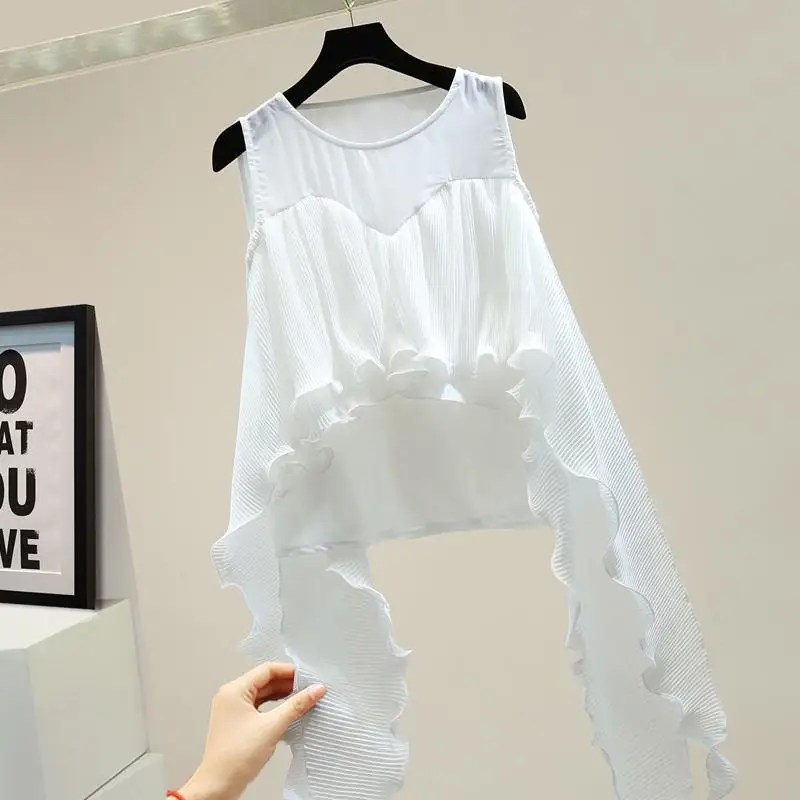 Женская блузка без рукавов белая плиссированная Асимметричная шифоновая