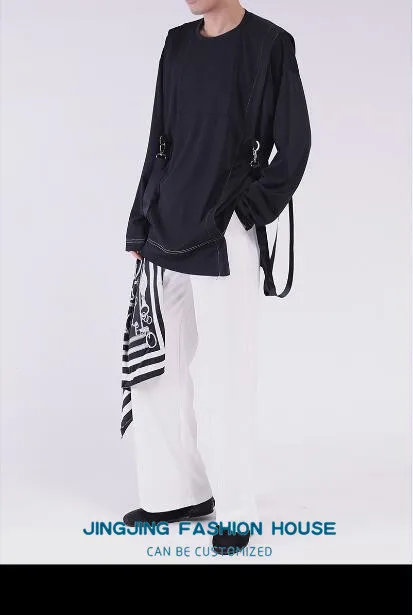 

2020 Autumn new double irregular design lacing design Japanese loose round neck long sleeve T-shirt men's top fashion
