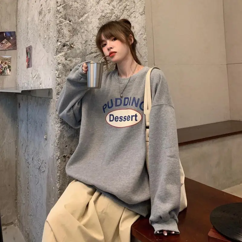

XZ2302 Grey Sweatshirts women loose Korean version plus velvet thickening