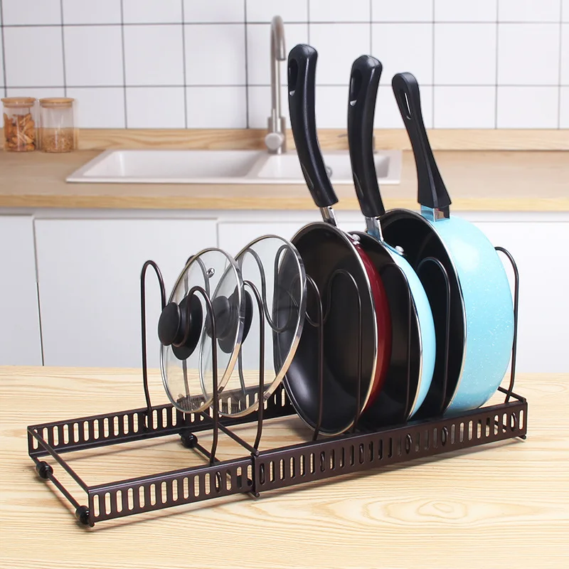 

Extensible Pot Rack Organizer ，Expandable Cookware Organizer Length Adjustable Black Metal Kitchen Cabinet Pantry Pot Lid Holder